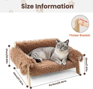 Lit canapé surélevé en peluche pour chat, grand lit pour chat avec pied en bois robuste, canapé doux pour chats et chatons d’intérieur – Image 3
