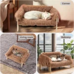 Lit canapé surélevé en peluche pour chat, grand lit pour chat avec pied en bois robuste, canapé doux pour chats et chatons d’intérieur – Image 5