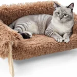 Lit canapé surélevé en peluche pour chat, grand lit pour chat avec pied en bois robuste, canapé doux pour chats et chatons d’intérieur