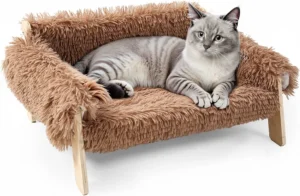 Lit canapé surélevé en peluche pour chat, grand lit pour chat avec pied en bois robuste, canapé doux pour chats et chatons d’intérieur